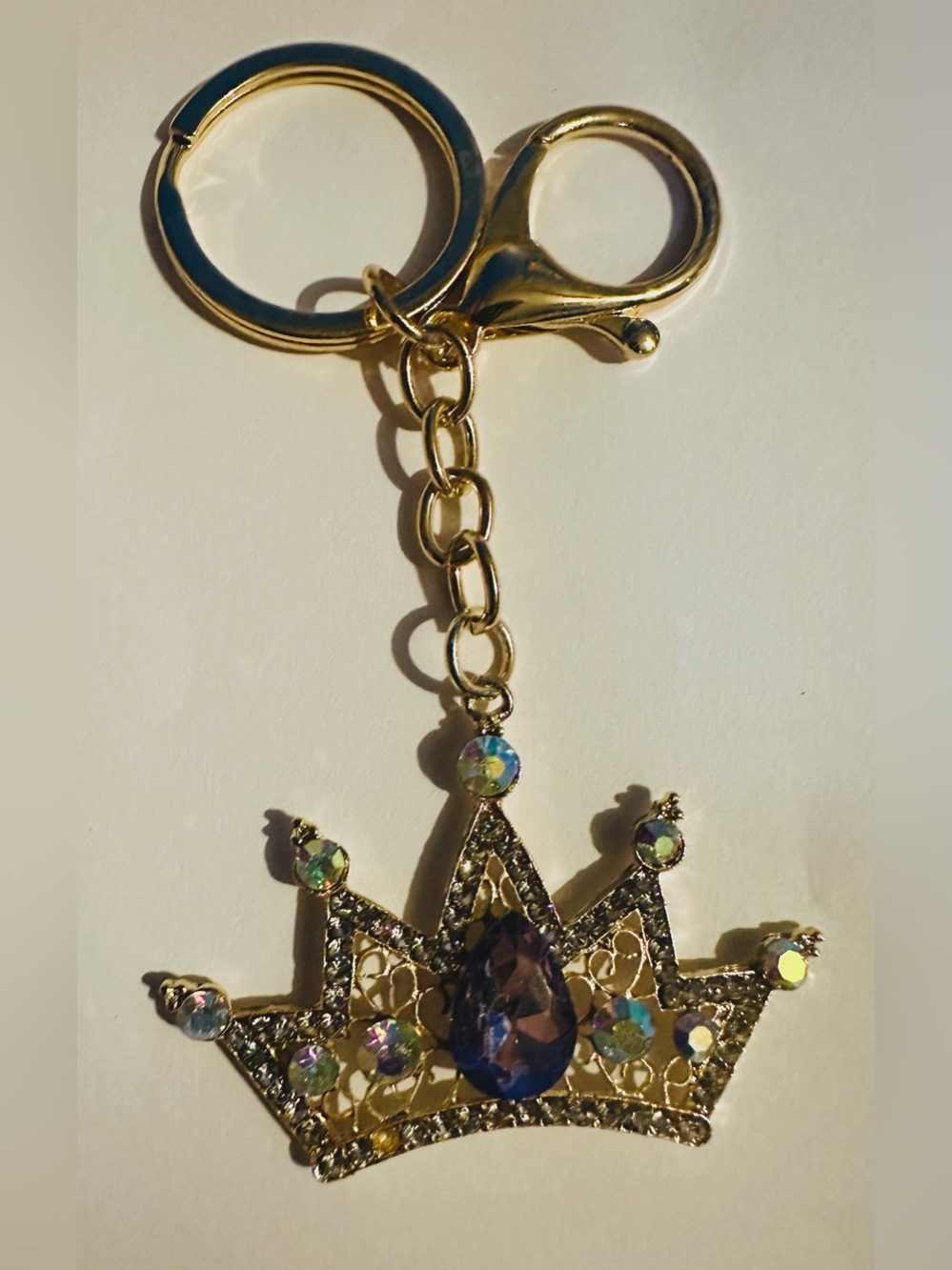 Gold-Tone Crown Keychain/Bagcharm with Purple Teardrop Crystal